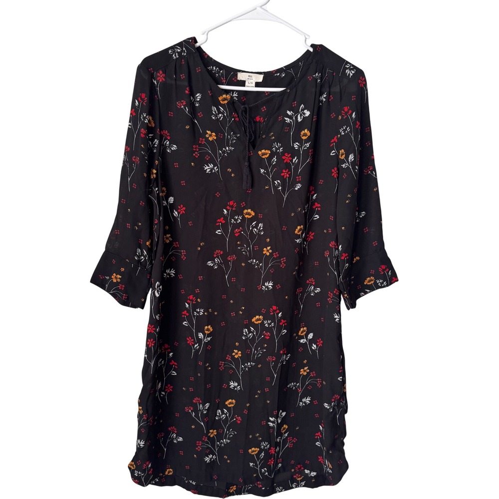 BLL New York Black Floral Tassel Tie Split Neck 3/4 Sleeve Shift Mini Dress L